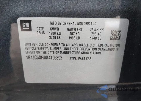 2016 Chevrolet Sonic Lt Auto z USA, uszkodzony, nr VIN 1G1JC5SH0G4106892